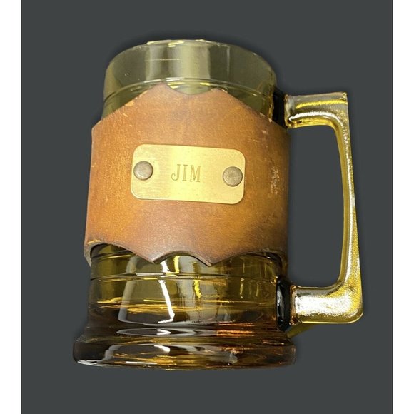 Vintage Amber Glass Mug Leather Snap Cover Wrap J - Picture 5 of 10